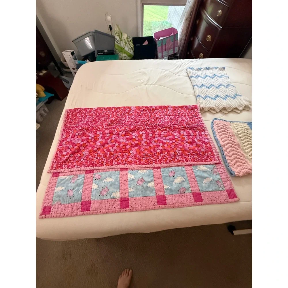 Handmade Baby Blanket Bundle Flying Pigs Quilt Crochet Chevron Pink Blue 3pc Set
